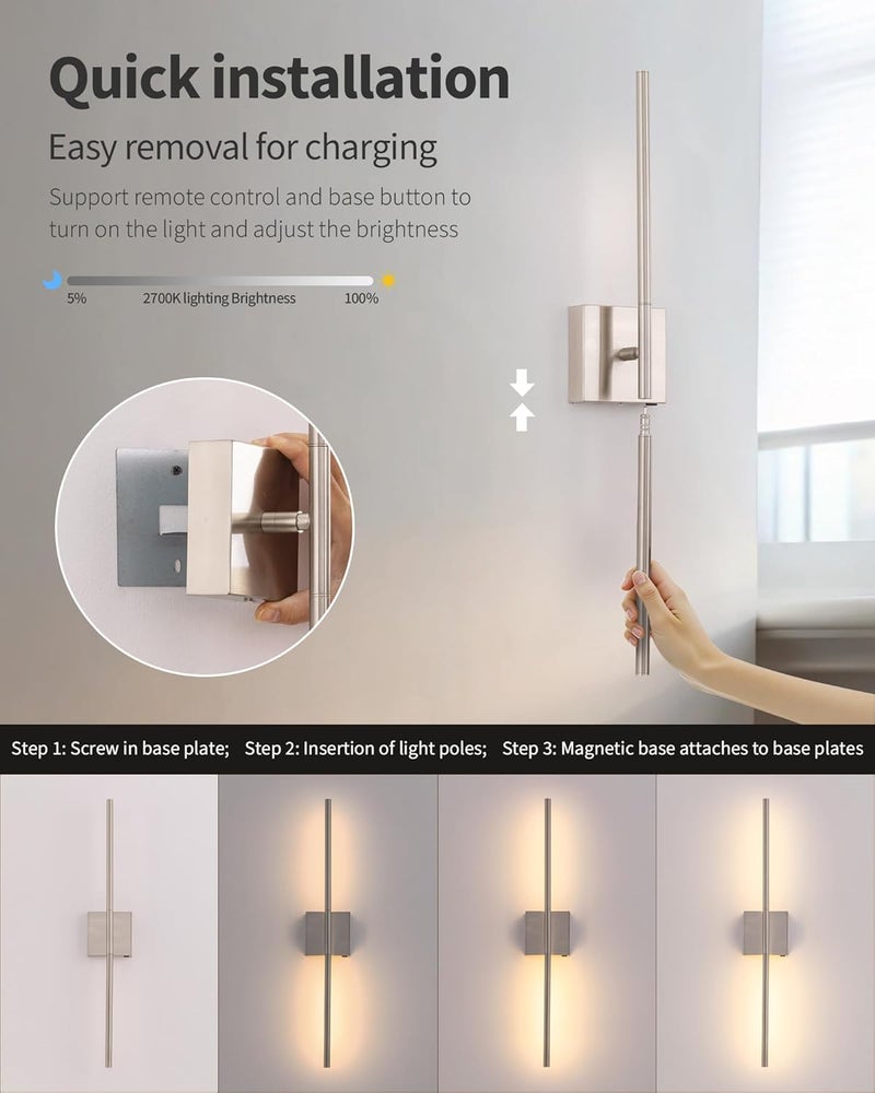 KDG Cordless Wall Sconces Set of 2, Wireless 5200mAh Rechargeable Battery Operated LED Wall Lamps with Remote, 360° Rotate Lightings for Wall Painting, Bedroom, Hallway, Night Light 31.5 inch (Nickel) - Image 3
